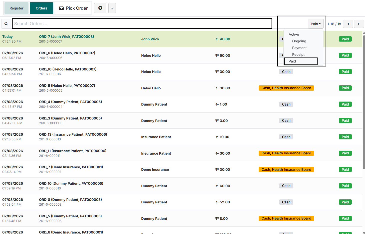 Paid orders list