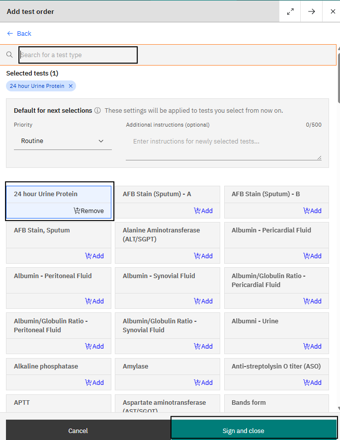 Adding a test from the Lab Orders section