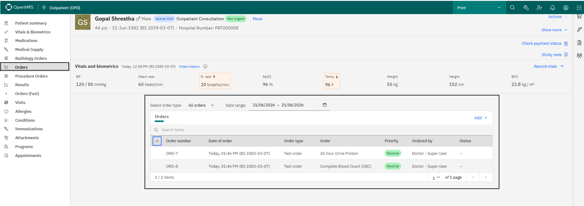 Ordered lab test in the Order section