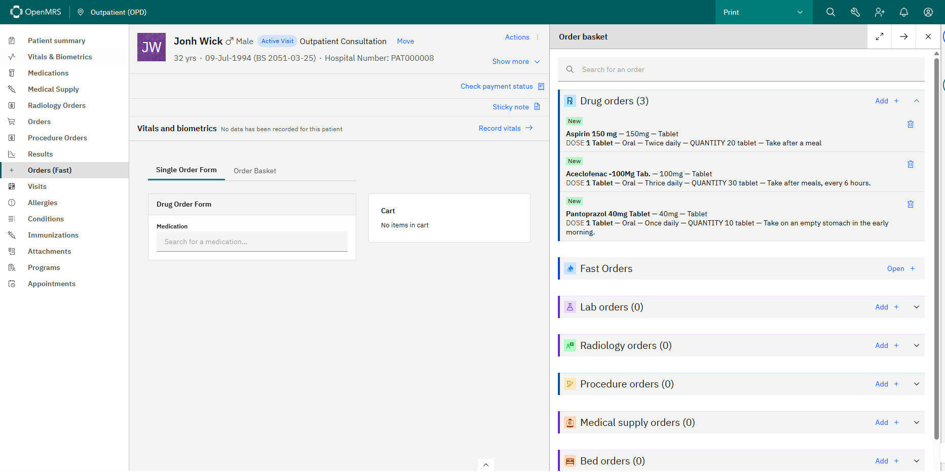 Pharmacy order placed in the clinical section