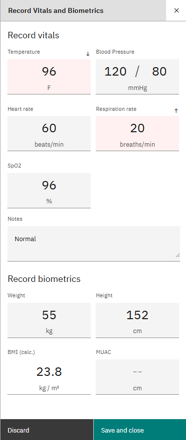 Vitals entry form