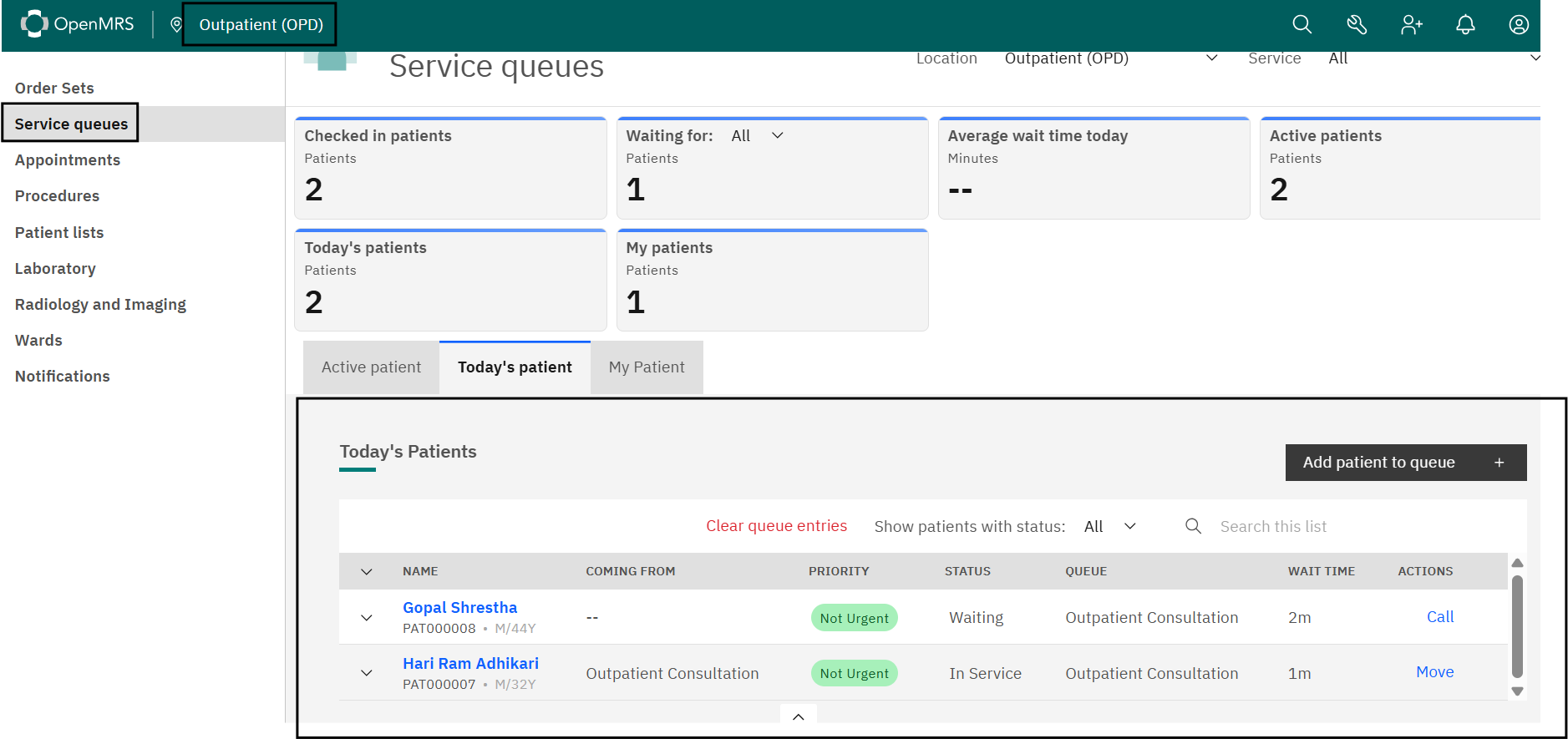 Service queue with Today's Patients and My Patients
