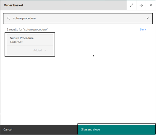 Searching for an order set in the Order Basket